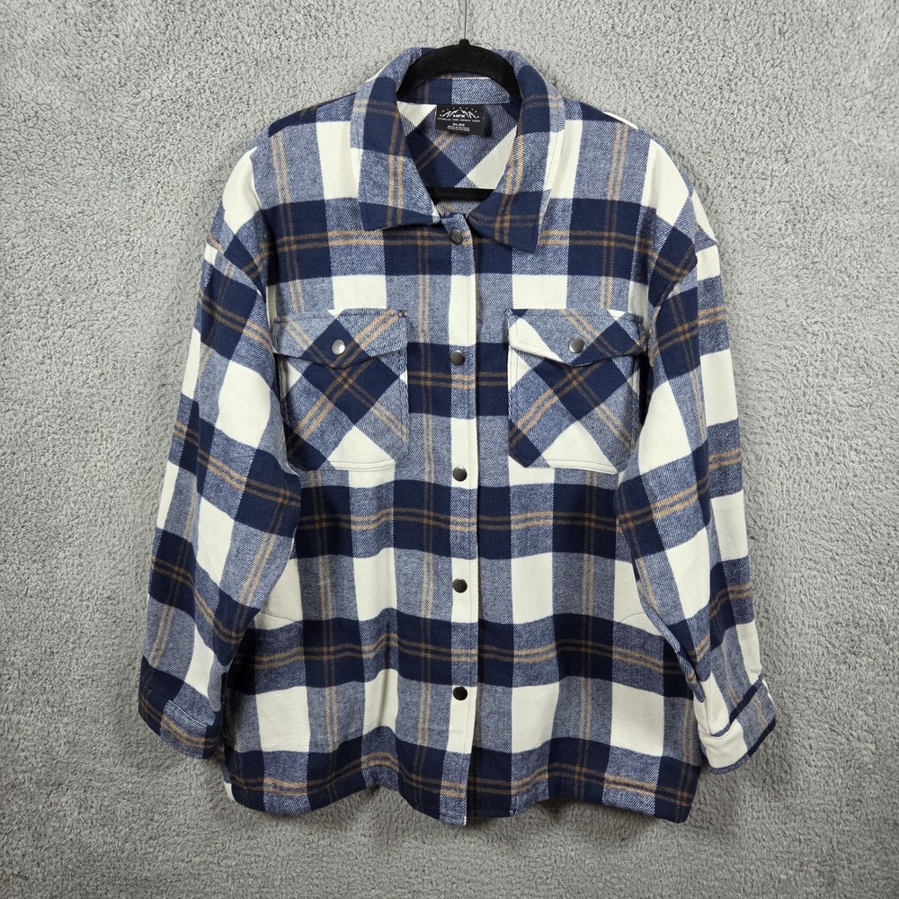 HFX Flannel Shacket Women XL Blue Tartan Plaid Flap Pockets Snaps Cabincore